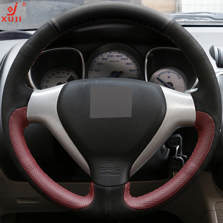 XUJI DIY Hand stitched Car Steering Wheel Cover Black Leather Suede Wine Red Leather for Honda ...