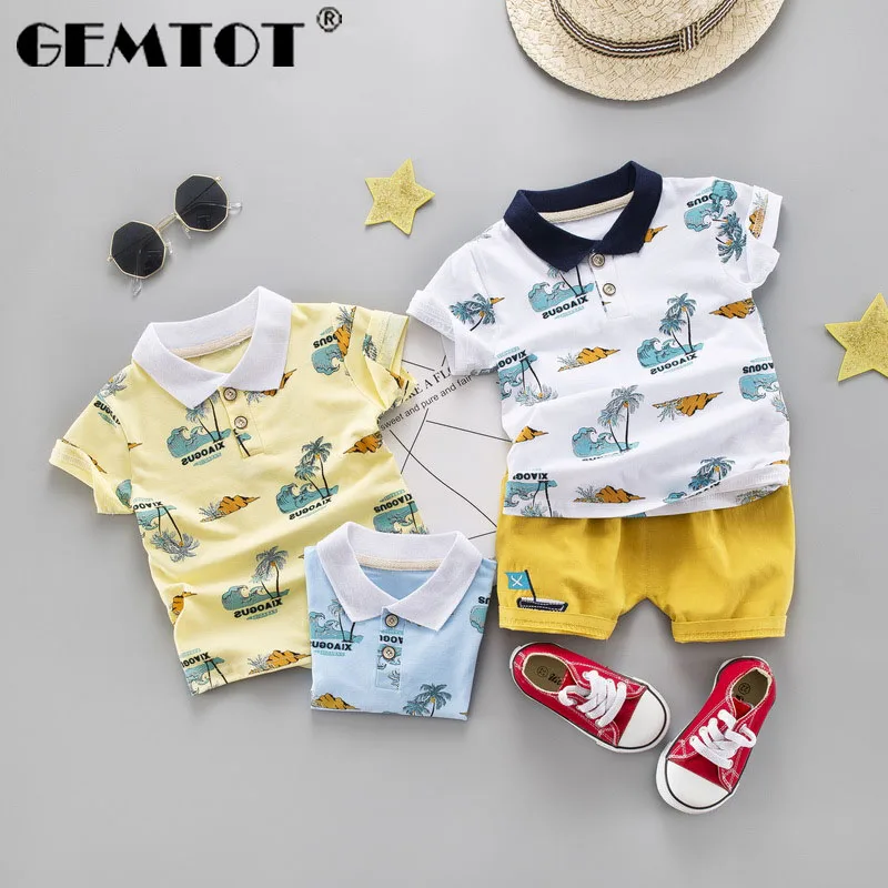 GEMTOT/Детский костюм г. летний хлопковый костюм для мальчиков в европейском и американском стиле футболка с отворотом и принтом кокосового ореха шорты Комплект из двух предметов