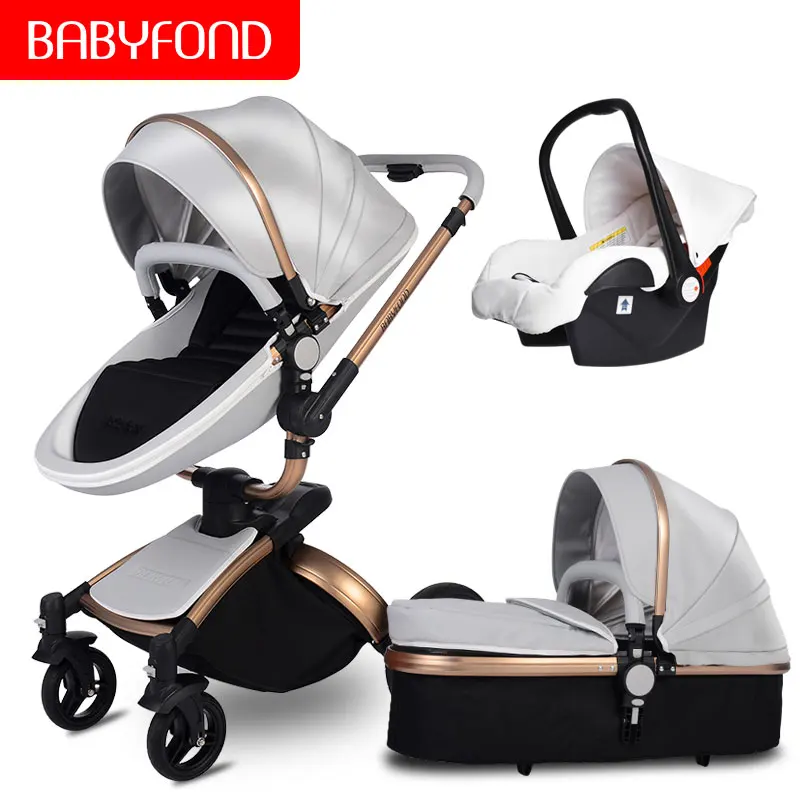 Кожаная детская коляска 3 в 1, Двусторонняя подвеска, 2 в 1, коляска, Европейское безопасное автомобильное сиденье, люлька для новорожденных, поставляется с зонтиком - Цвет: Grey 3 in 1 C