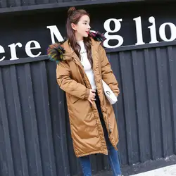 2018 зимние Для женщин парки длинное пальто меховой воротник Корейская Толстая куртка Модные женские регулируемый пояс Теплая парка верхняя