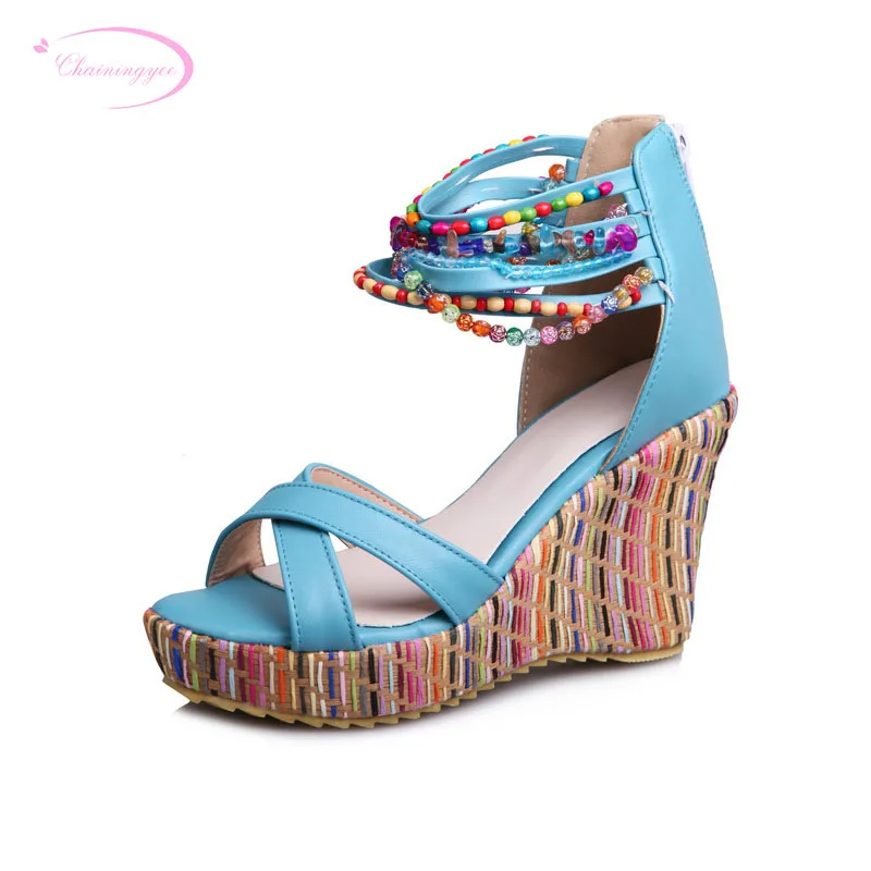 

Chainingyee sweet summer sandals color matching beading narrow band platform pink blue orange beige high-heeled women's shoes