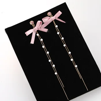 

Korean Fashion New Earrings Temperament Personality Wild Pink Bow Crystal Chain Pearl Long Ladies Earrings Factory Wholesale