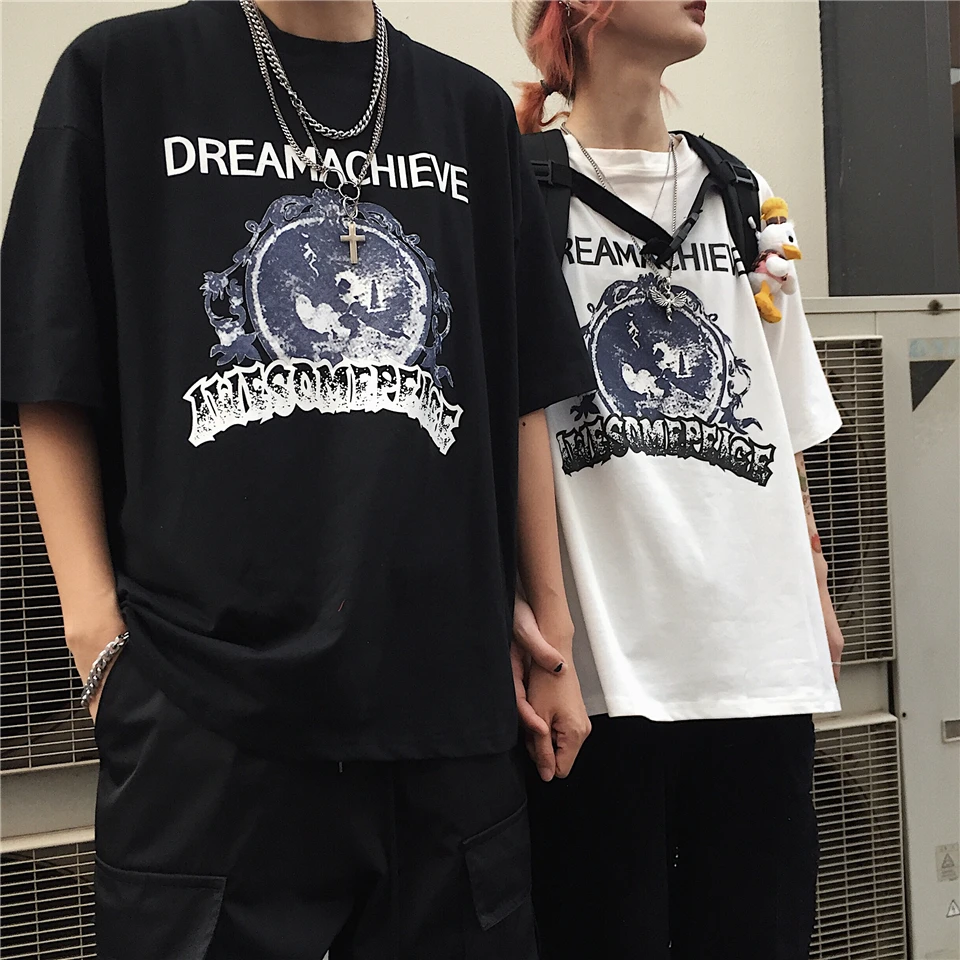 Harajuku улица хип хоп пара футболка летняя одежда Корейский Ulzzang Винтаж печатных футболка с коротким рукавом для женщин Повседневное Топ