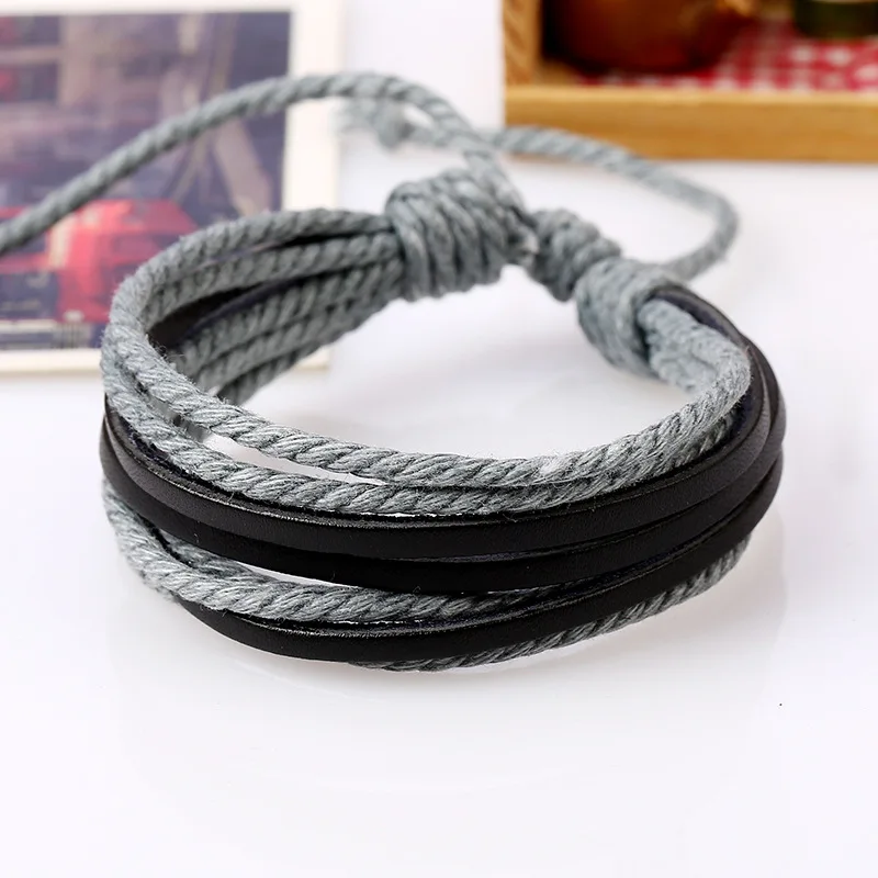 

Fashion Grey Black Ropes Bracelets Multilayers Wrap Ropes Bracelets Pulseras Jewelry For Men