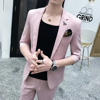 

(Tops + Pants) Summer New Hair Stylist Striped Sleeve Sleeve Fashion Suit Set Men Slim Trends Gentleman Casual Wedding Suit