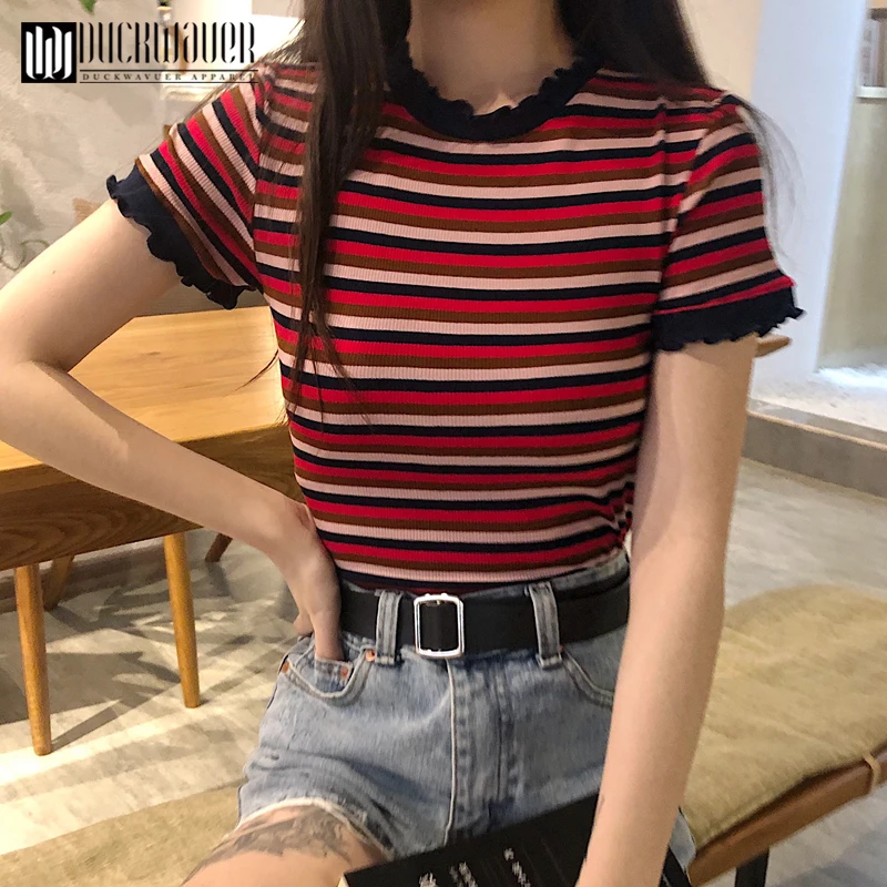 Duckwaver футболка женская летняя одежда корейский стиль Ulzzang Harajuku полосатые