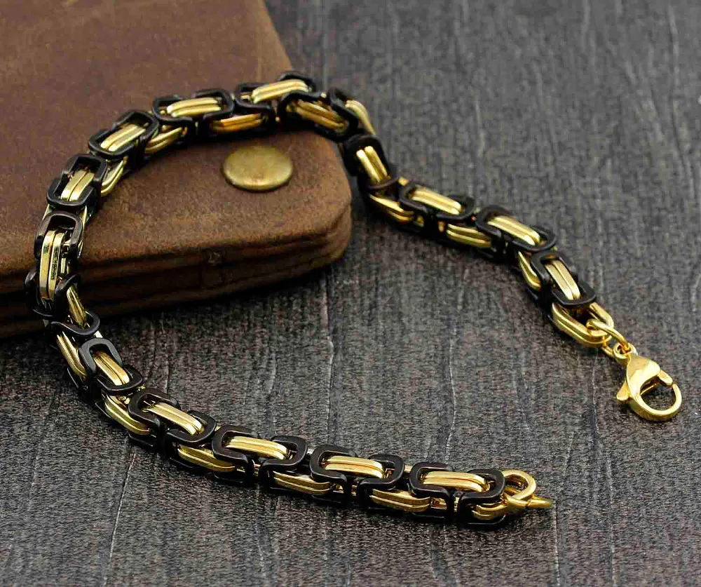 High Quality Gold and Black Mens Byzantine Cube Link Chain Braceletin