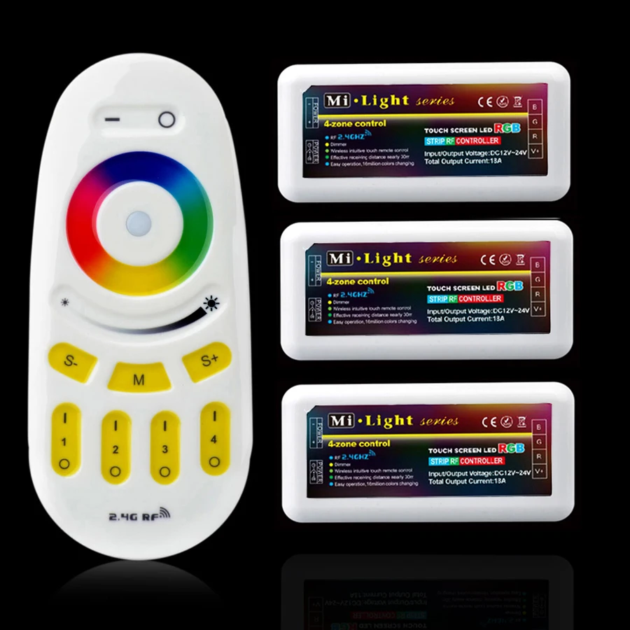 

1pcs Mi.Light 2.4G Wireless RF Touch Remote + 3pcs 4-Zone RGB Controller FOR 5050 3528 5630 LED Strip