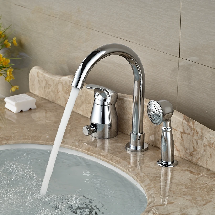 Wholesale And Retail Promotion Widespread Chrome Brass Bathroom Tub Faucet W/ Hand Shower Sprayer Mixer Tap