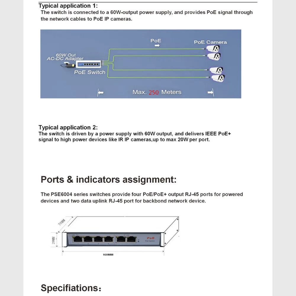 YiiSPO 10/100Mbps POE switch 4+2port standard POE swtich 96W IEEE802.3AT/IEEE802.3AF 48V output for cctv POE ip camera