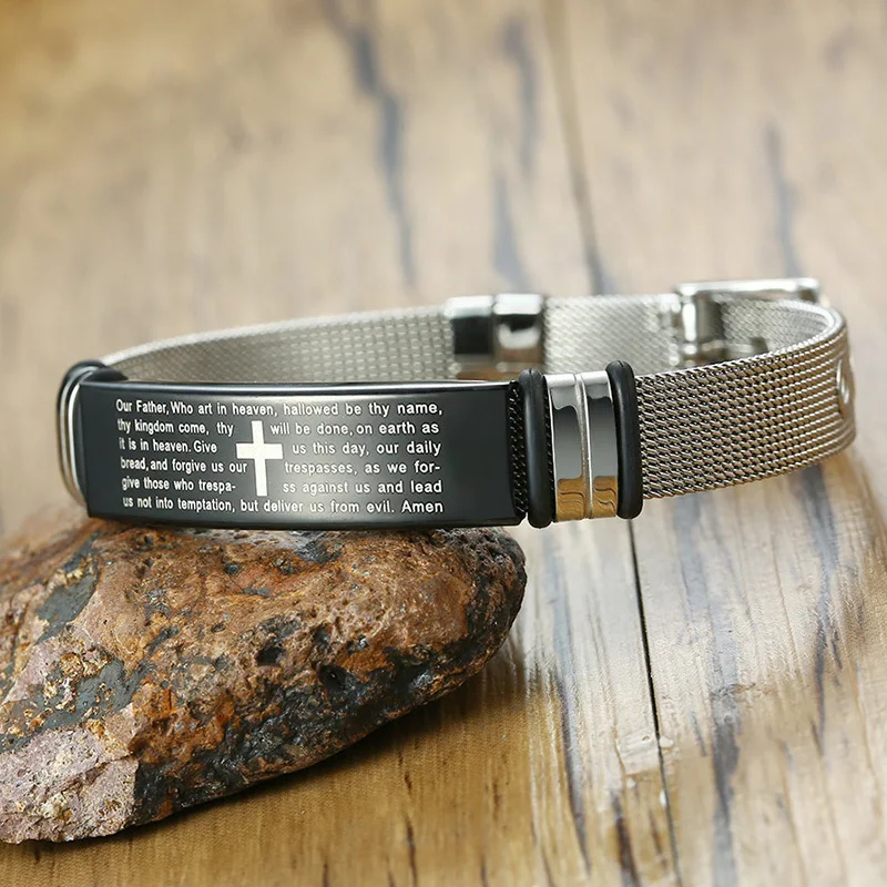 

Custom Cross Men's Stainless Steel Bracelet With My Father Christian Lord's Prayer Engraved Adjustable Bangle Dropshipping