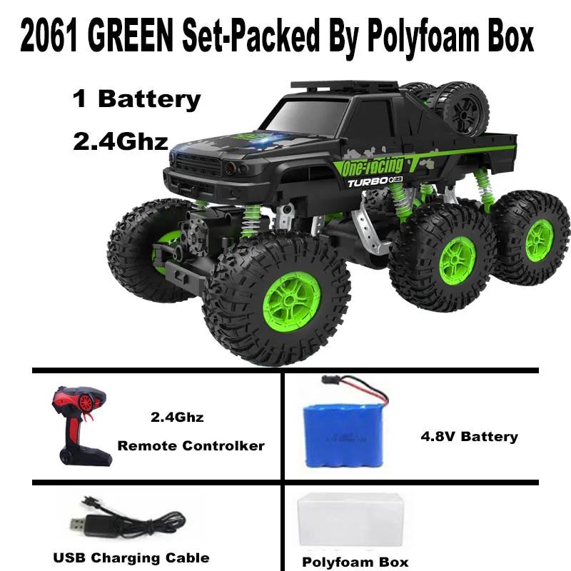 1/16 RC Car 6WD drive remote climbing car Double Motors Drive Bigfoot Cars 2.4Ghz Electric RC Toys High Speed Off-Road Vehicle - Color: 2061 green