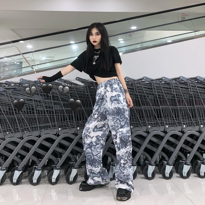 Neploe High Waist Straight Trousers Harajuku BF Style Hip-hop Leisure Pants New Women Men Digital Printed Long Pants 53634