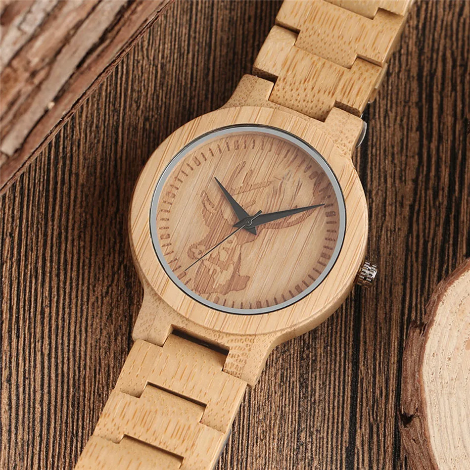 Creative Deer Head Full Wooden Watch Fashion Bamboo Men Handmade Analog Nature Wood Fold Clasp Wrist Watch  (2)