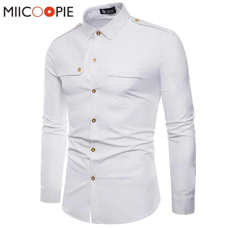 Новинка, мужская рубашка, повседневная, одноцветная, модная, с погонами, с длинным рукавом, мужская рубашка, приталенная, Camisa Masculina Chemise Homme