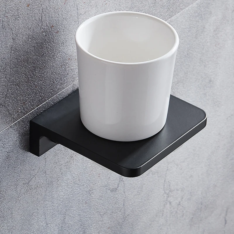 Toothbrush Holder Black Aluminum Single Glass Cup Tumbler Holder Bathroom Accessories Tooth brush Holder Set Wall Mounted