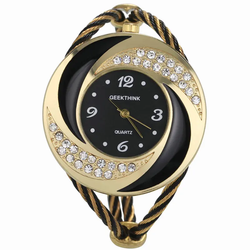 Кварцевые часы с бриллиантами, женские роскошные часы от ведущего бренда, женские модные розовые цветные повседневные наручные часы, relogio feminino - Цвет: gold black