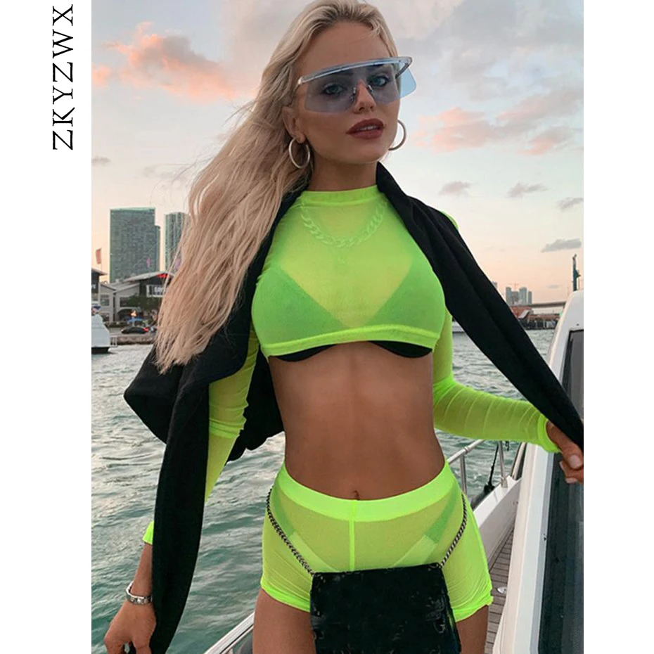 ZKYZWX комплекты из 2 предметов Для женщин укороченный Топ с длинным рукавом футболка и шорты Mesh Sheer неоновый зеленый Мода Лето Фестивальная