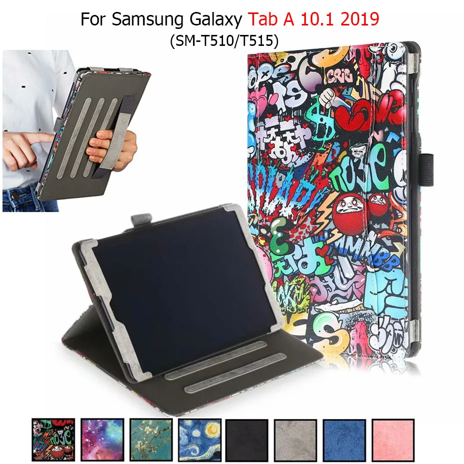 

For Samsung Galaxy Tab A 10.1 Case 2019 T510 T515 Print PU Leather Stand Cover With Hand Holder For Samsung Tab A 10.1 2019