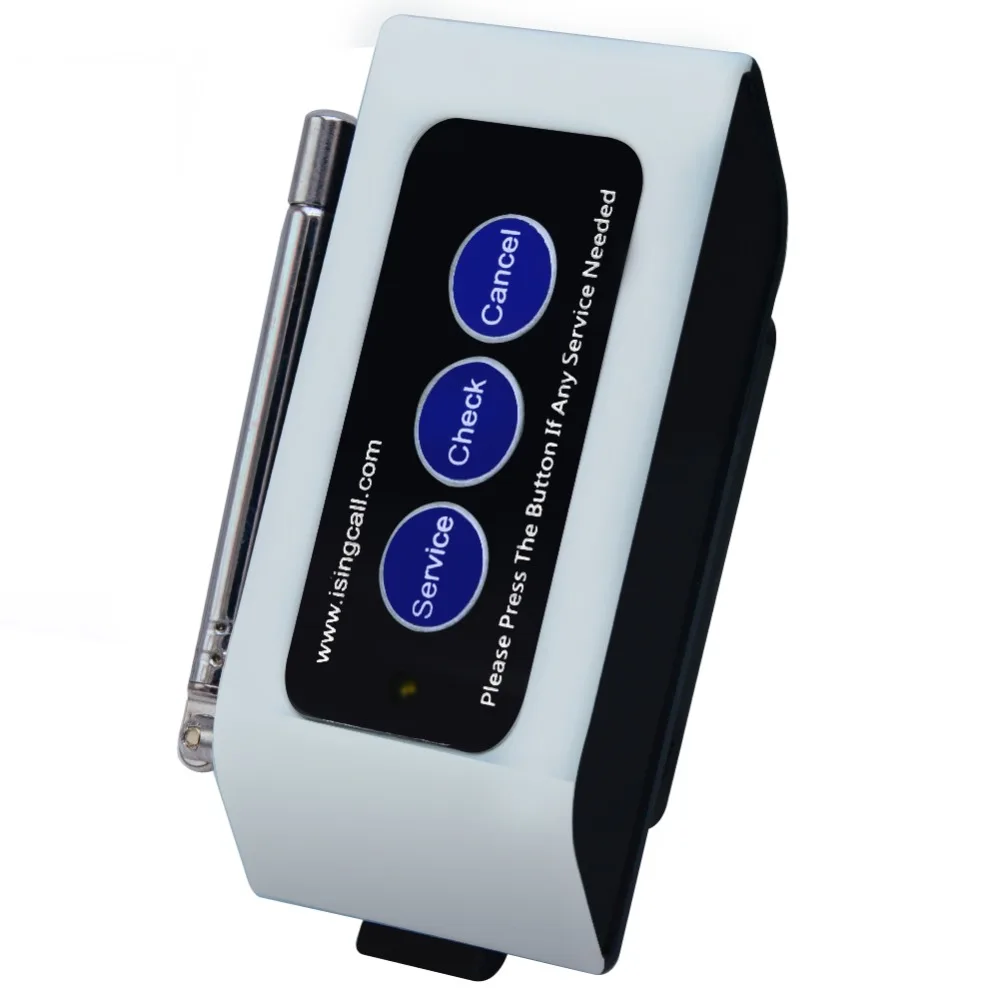 

SINGCALL Wireless Table service button with antena and screw hole at the bottom,can be fixed on table or wall. color is white.