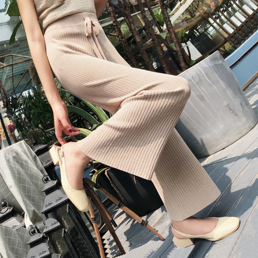 

Korean Women Trousers Autumn Knit Pants Elastic Waist Wide Leg Pants Thick Warm Fashion Winter Trousers Casual Outerwear pants