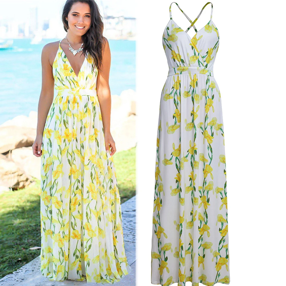 

Summer Yellow Tank Strapless Sleeveless Bandage Dresses Ladies Long Bohemian Chiffon Dress Print Floral Party Elegant Clothing
