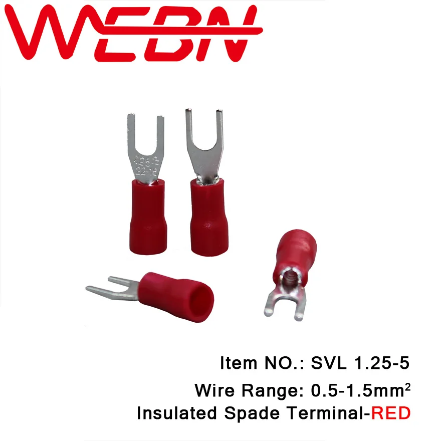 

SVL1.25-5 Crimping Insulated Spade Terminal Fork Type Copper&PVC Material Red for Wire Range 0.5-1.5mm2 22-16 AWG 1000pcs/Pack