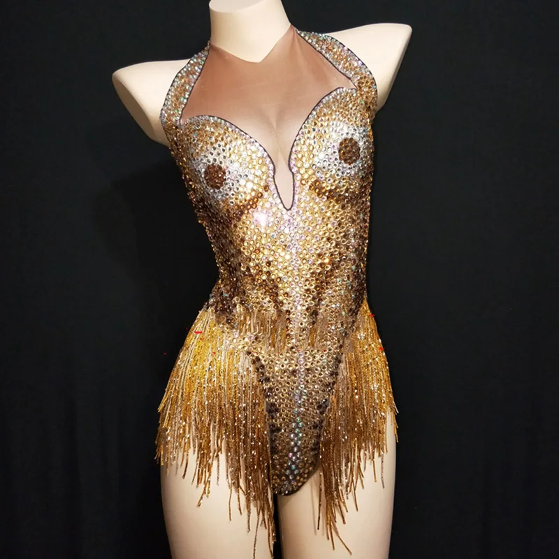 Sexy Gold Sparkly Crystals Leotard Tassel Bodysuit Dance Wear Women's