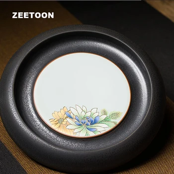 

Japanese Ceramic Teapot Holder Hand-painted Peony Pottery Tea Tray Kung Fu Tea Set Fruit Plate Coasters Creative Home Decor New