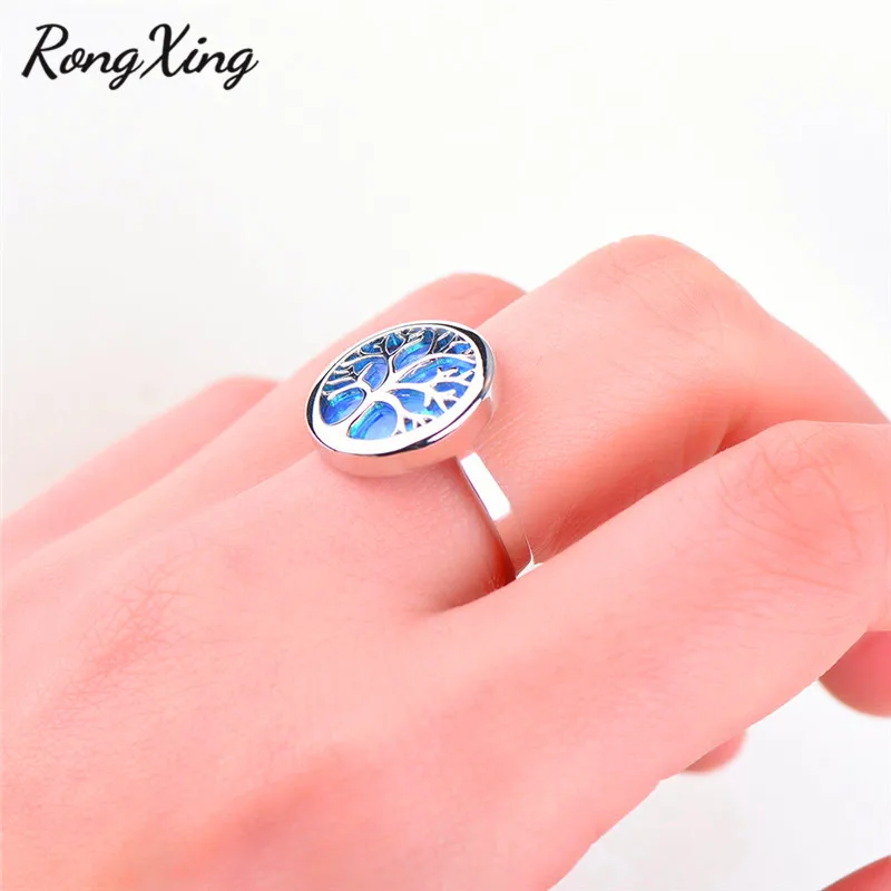 RongXing большой круглый камень синий огненный опал жизни Дерево кольца для мужчин и женщин 925 серебро влюбленных обручальные кольца RS0225