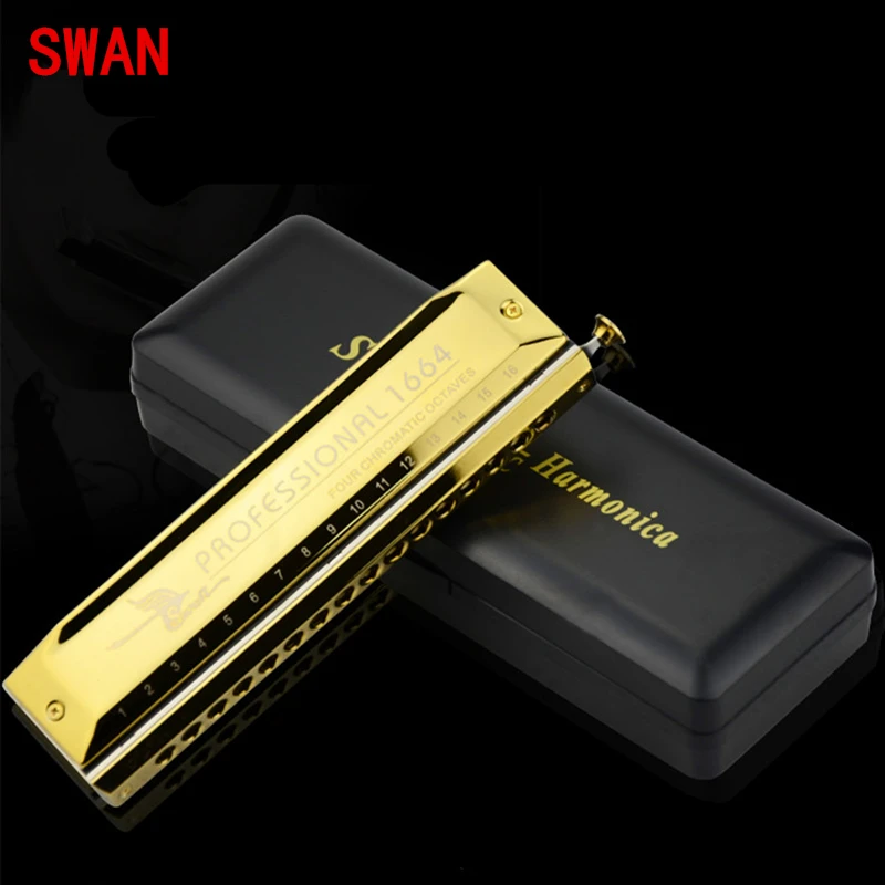 Swan Chromatic Harmonica 16 Hole 64Tune Golden Professional Harp