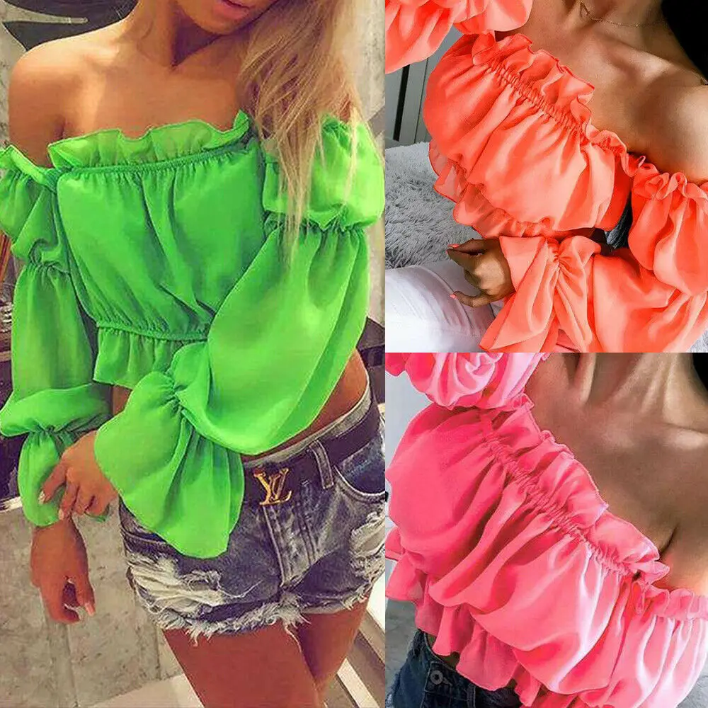 

Elegant Sexy Women Chiffon Off shoulder Slash neck Fluorescent color Summer Long Puff Sleeve Loose Casual Blouse Corp Tops