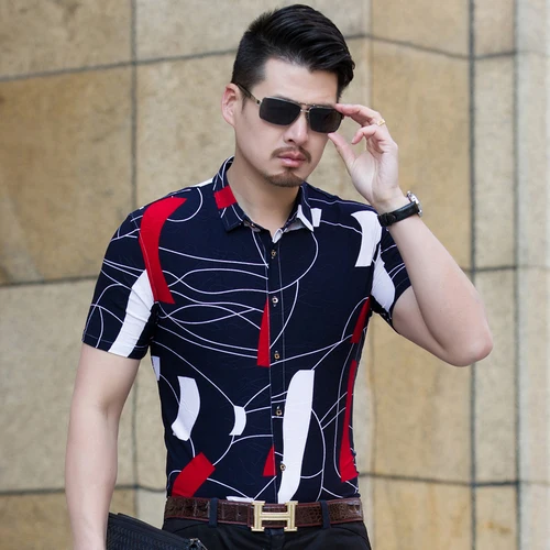 Летняя мужская брендовая рубашка мужская мода цветочный тонкий рубашка с коротким рукавом Повседневная деловая, общественная рубашка большого размера M-6XL Chemise - Цвет: Navy blue