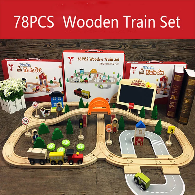 Beste 78PCS Verkeer Houten Trein Spoor Magnetische Auto Model Slot Puzzels Houten Railway Vroege Educatief Speelgoed Voor Kinderen En Vrienden