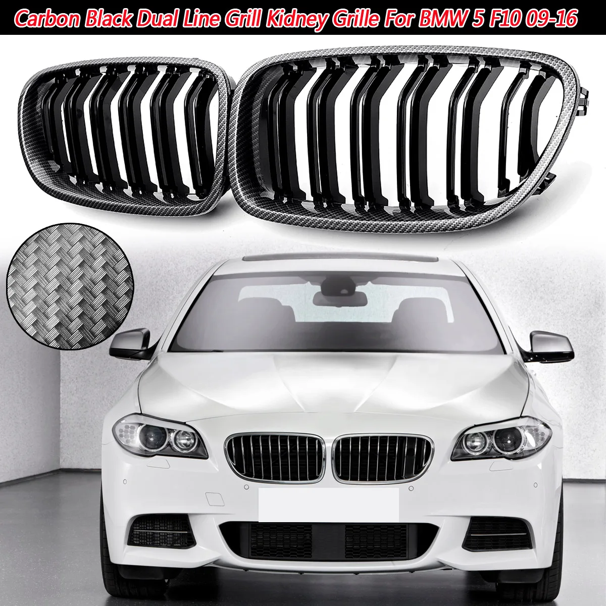 cheap Pair Front Carbon Black 2 Line Double Slat Kidney Grille Grill For BMW 5 F10 2009 2010 2016 Automobile Car Styling Accessories