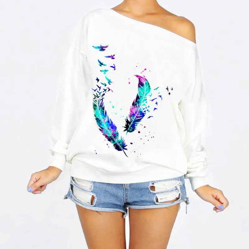  EXOTAO Sexy Women Off Shoulder Sweatshirts Loose Long Sleeve Hoodies Chic Feather Printing Pullover