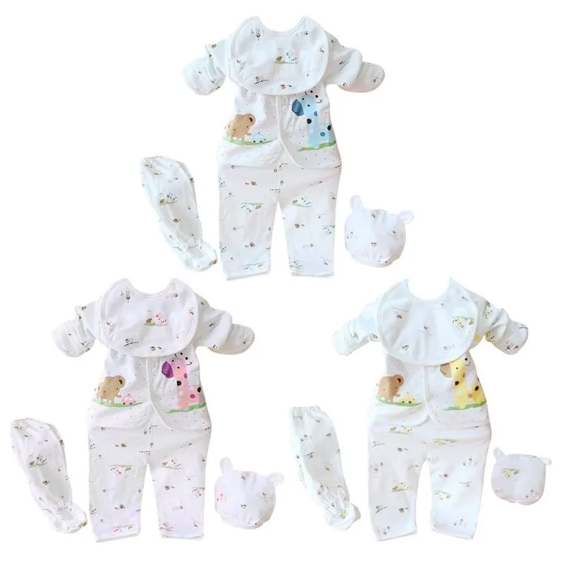 Комплект одежды из 5 предметов для новорожденных мальчиков и девочек, хлопковые топы с героями мультфильмов, штаны комбинезон с шапочками, Одежда для младенцев от 0 до 3 месяцев