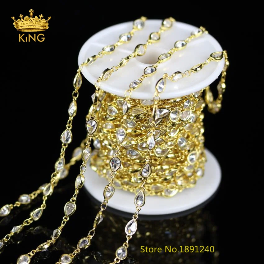 

5 Meters Lot,Golden Plated Clear White Zircon Chains Jewelry.Wire Wrapped Teardrop Shape Beads Necklace Bracelets,5x7mm,KS-35