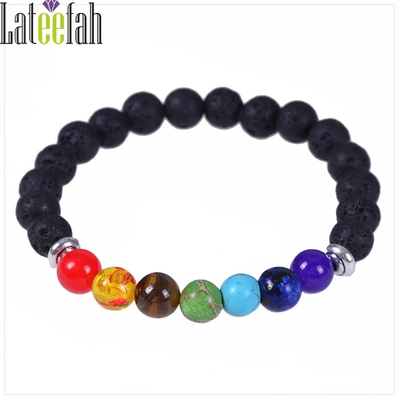 

Lateelah Fashion Jewelry 7 Chakra Stone Bracelet Stone Bracelet for Women Healing Natural Lava Stone Bracelet for 8mm