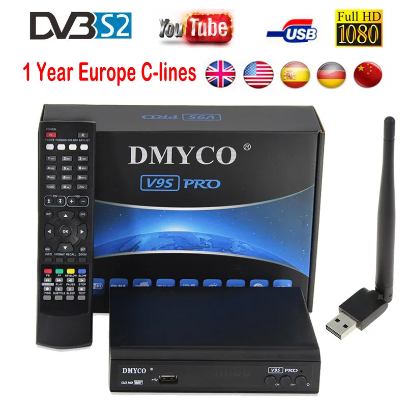 

Satellite Receiver DVB-S2 1080p HD Satellite Decoder 7 cables code for 1 year USB WIFI Support Newcam Youtube IPTV 3G receptor