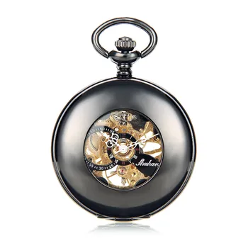 

SHUHANG Brand Steampunk Mechanical Pocket Watch Roman Number Half Hunter Antiqued Black Hollow Case Promotion Item