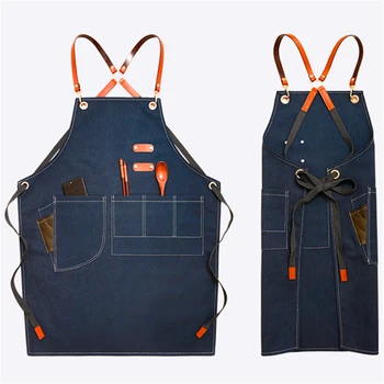 

New Denim Aprons for Women Bibs Leather BBQ Chef Home Kitchen Dress Barber Hairdres Cafe Cook Waiter Custom logo Pinafore Gift