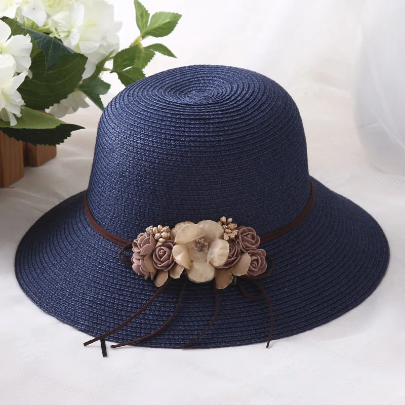 Цветы Круглые полями соломенные траваль Sunhat Модные женские широкие пляжная одежда - Цвет: dark blue