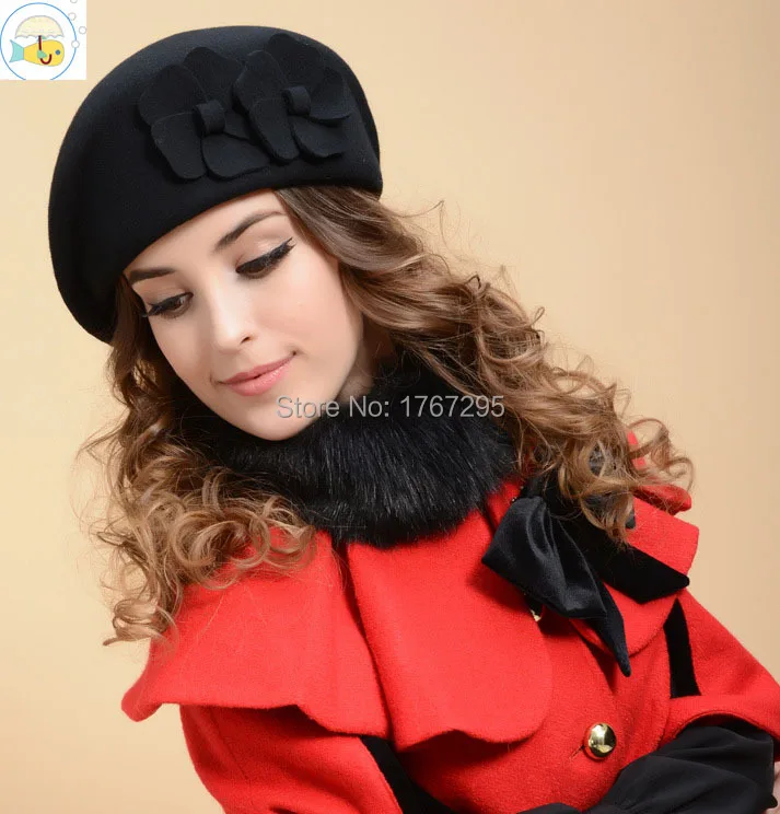 wool beret winter berets women 100% Wool winter felt beret Floral Women Felt French Beret Beanie fedora hat Beanie Winter Pillbox Flower Hat (3).jpg