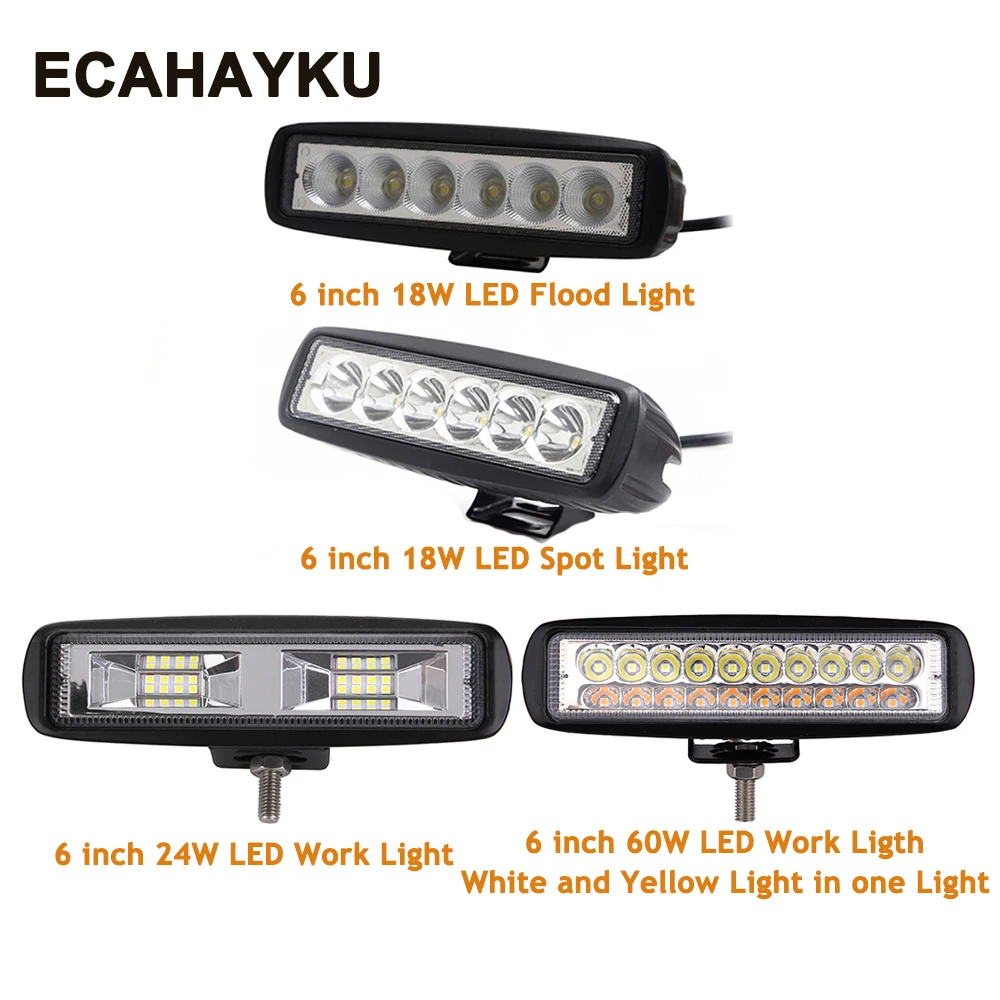 

1Pcs 2Pcs 6 inch 18w 24W 60W DRL LED Spot Flood Work Light Worklight work lights bar for Off Road Vehicle SUV car styling trucks