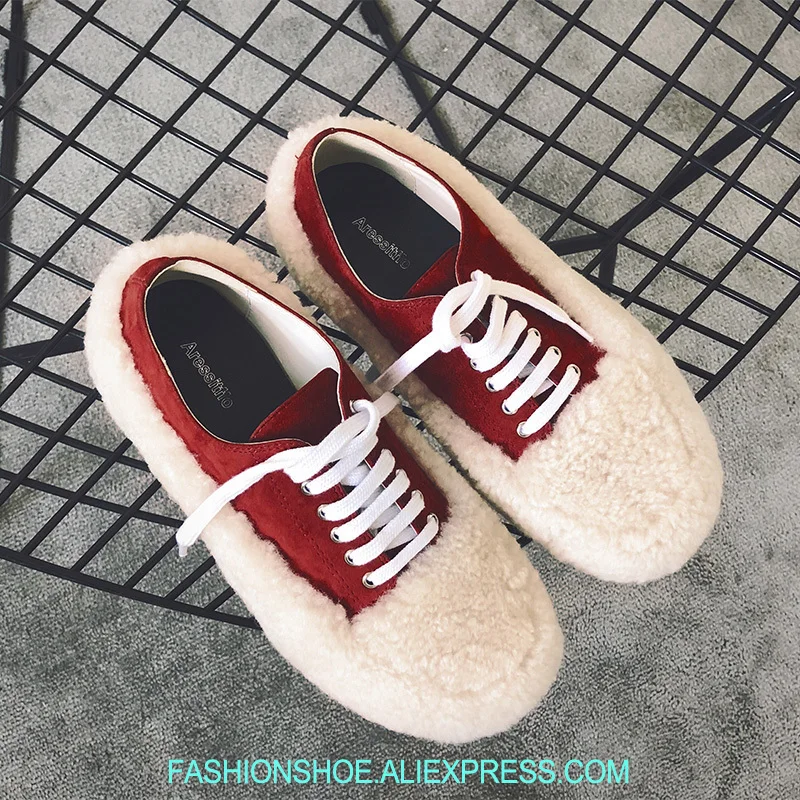 

Cute Warm Fur Decor Women Sneakers Lace Up Loafers Runway Sport Shoes Woman Casual Flats