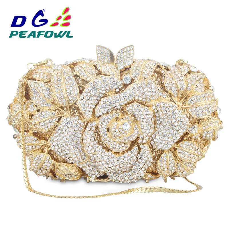 Luxury Hollow Out Crystal Floral Diamond Evening Clutch Bag Champagne Evening Bag Party Wedding Purse Soiree Pochette Purse