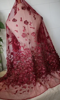 

dark red 3D lace fabric, beautiful heavy embroidered lace fabric for girl dance costumes accessories, bridal lace fabric