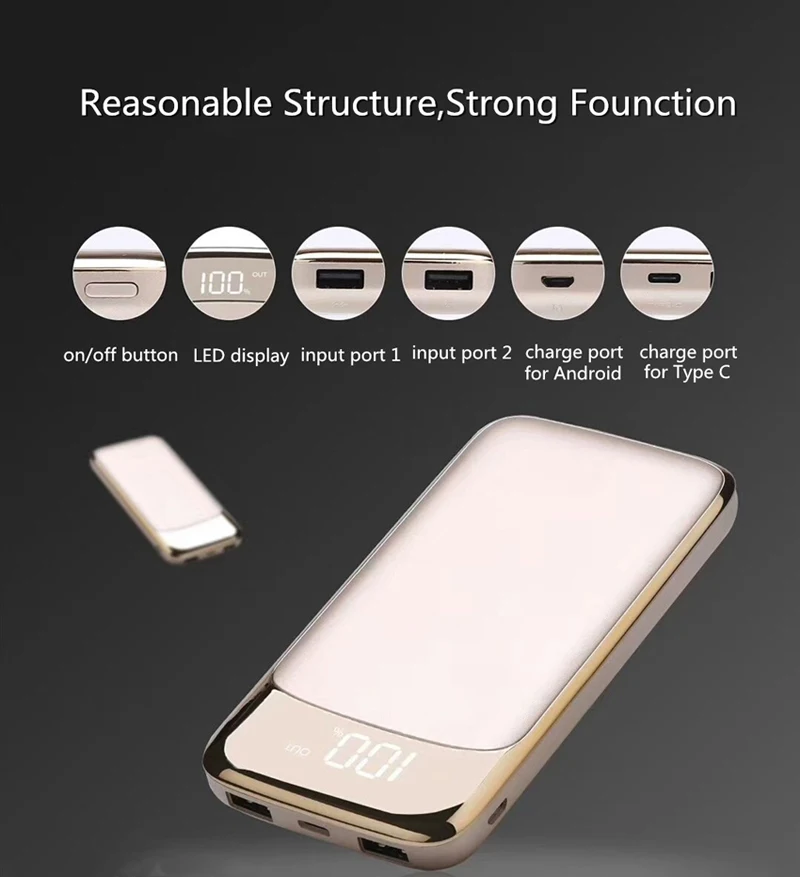 Dual USB Ports Portable Mobile Smart Phone Power Bank 10000mAh Universal Power Bank for Mobile Phone with LED Torch Light