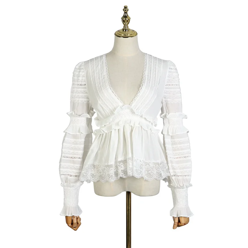 2019 V Neck Sexy Women Blouses Puff Sleeve Solid Blouse Femme Perspective Hollow Out Ruffles Shirt